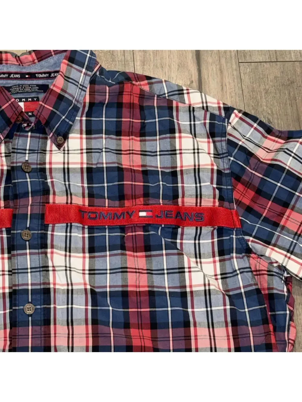 Vintage Tommy Jeans Tartan Button Front Shirt‎ Red Navy White Embroidered Preppy